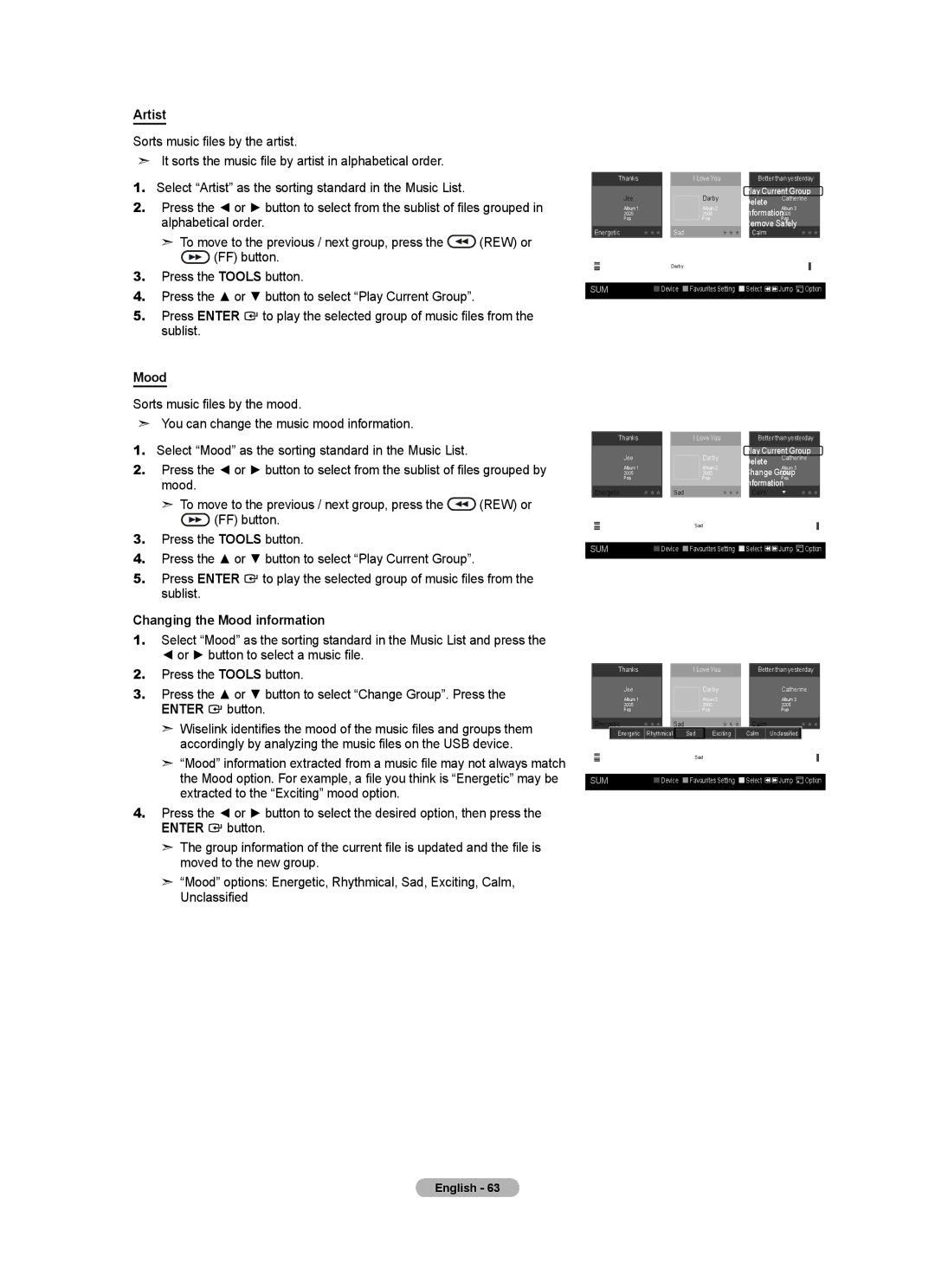 Samsung Series 5 user manual Artist, Changing the Mood information 