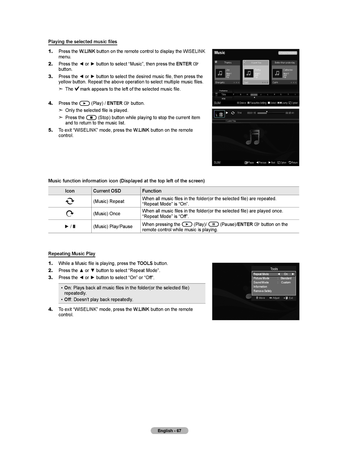 Samsung Series 5 user manual Playing the selected music files, Repeating Music Play 