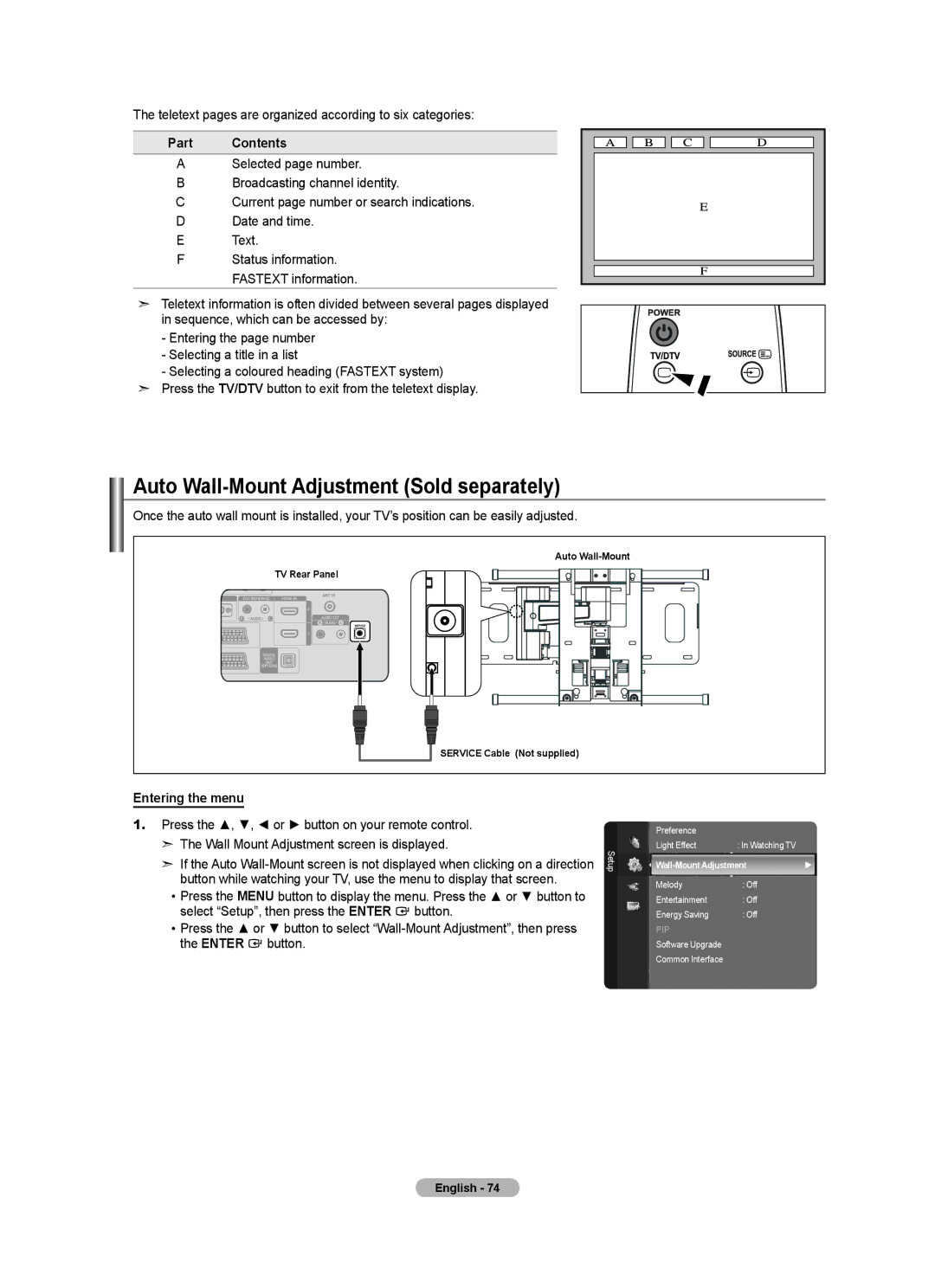 Samsung Series 5 user manual Auto Wall-Mount Adjustment Sold separately, Part Contents, Entering the menu 