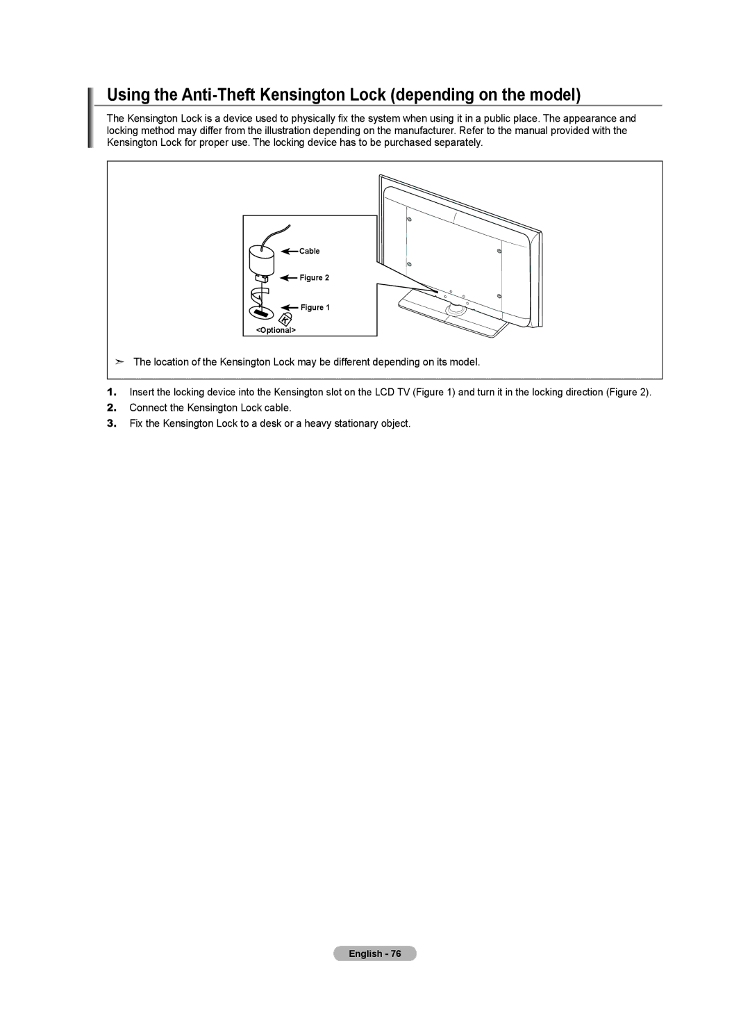 Samsung Series 5 user manual Using the Anti-Theft Kensington Lock depending on the model 