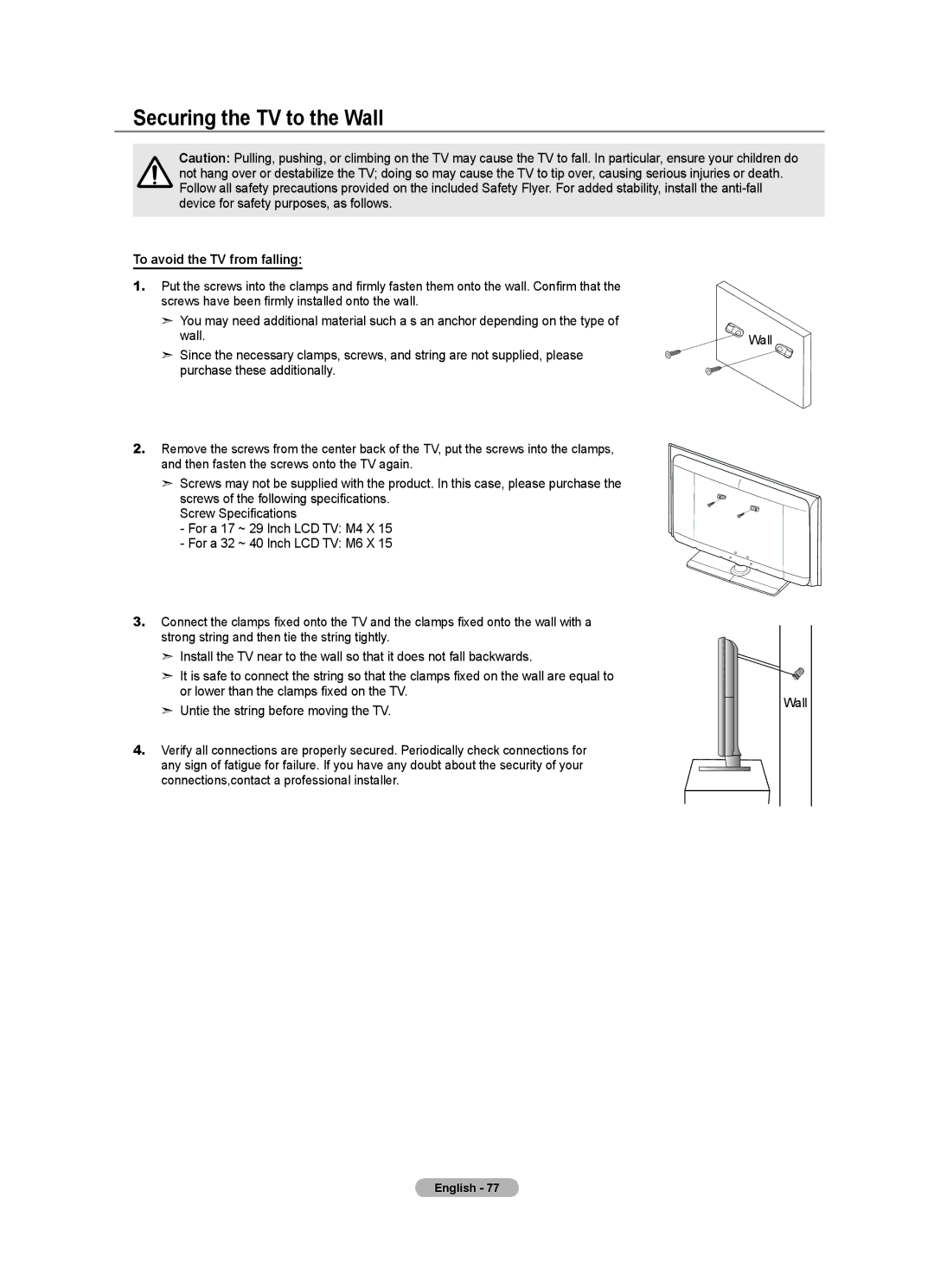 Samsung Series 5 user manual Securing the TV to the Wall, To avoid the TV from falling 