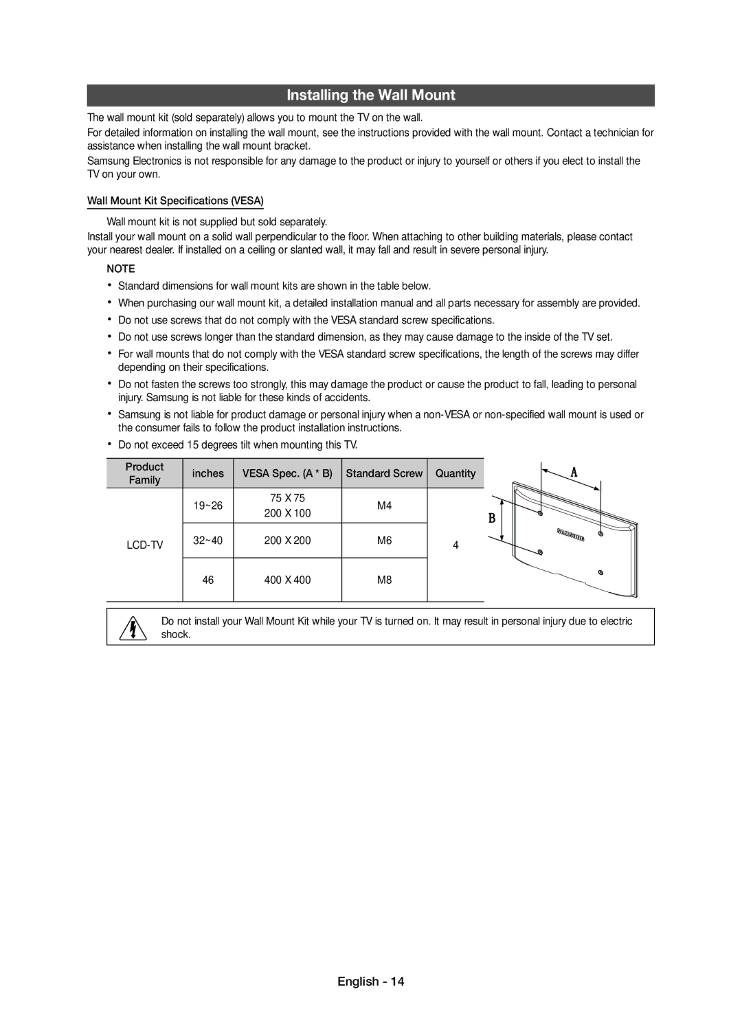 Samsung Series 5 user manual Installing the Wall Mount, Standard Screw Quantity, Family, 19~26, 32~40 