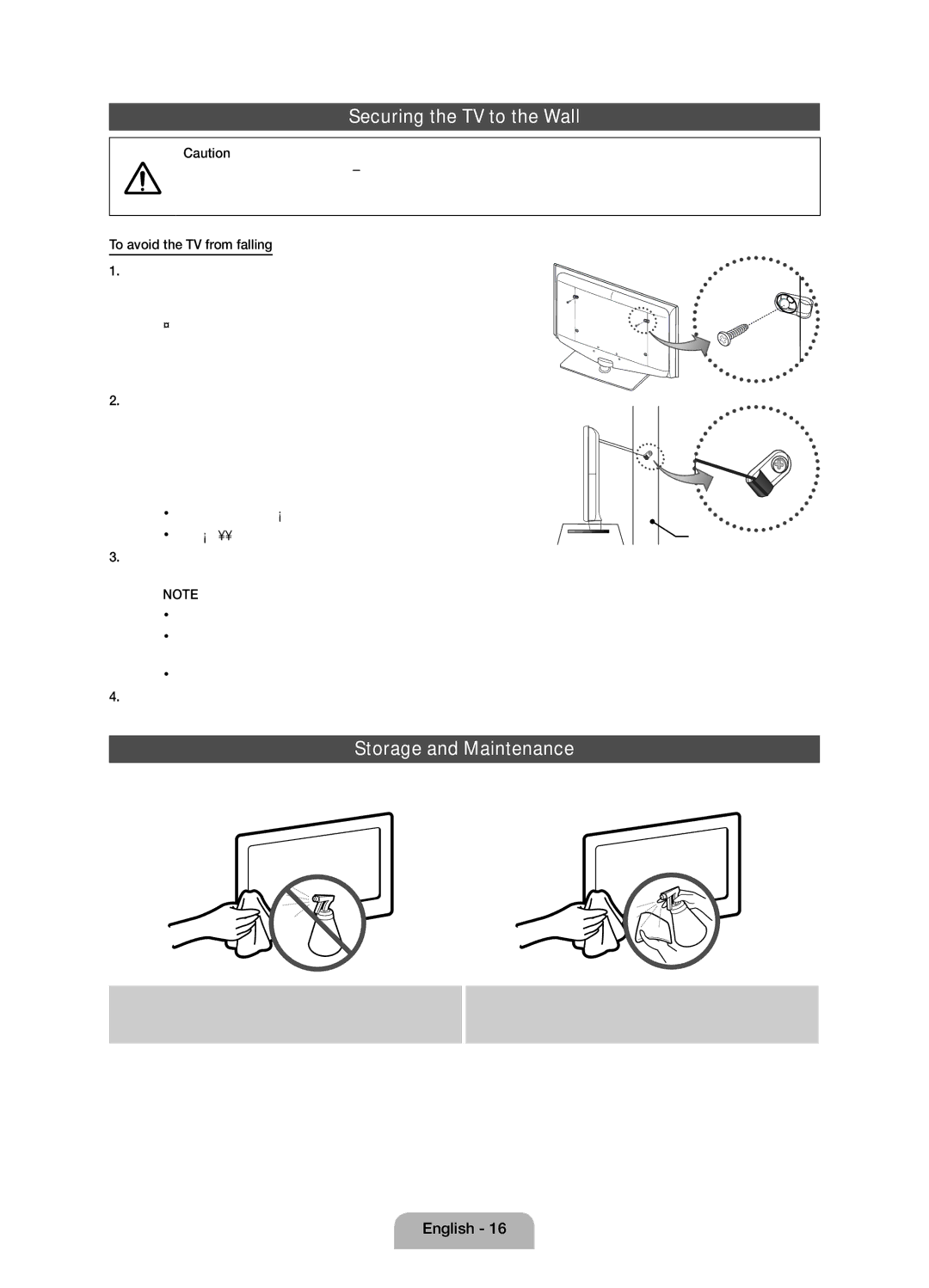 Samsung Series 5 user manual Securing the TV to the Wall, Storage and Maintenance, To avoid the TV from falling, Again 