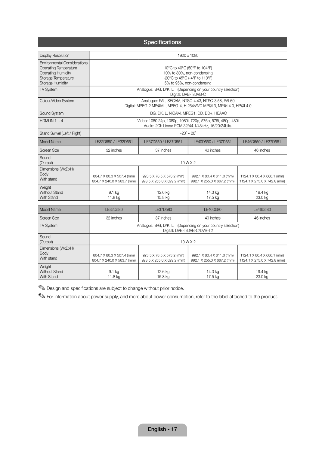 Samsung Series 5 user manual Specifications 