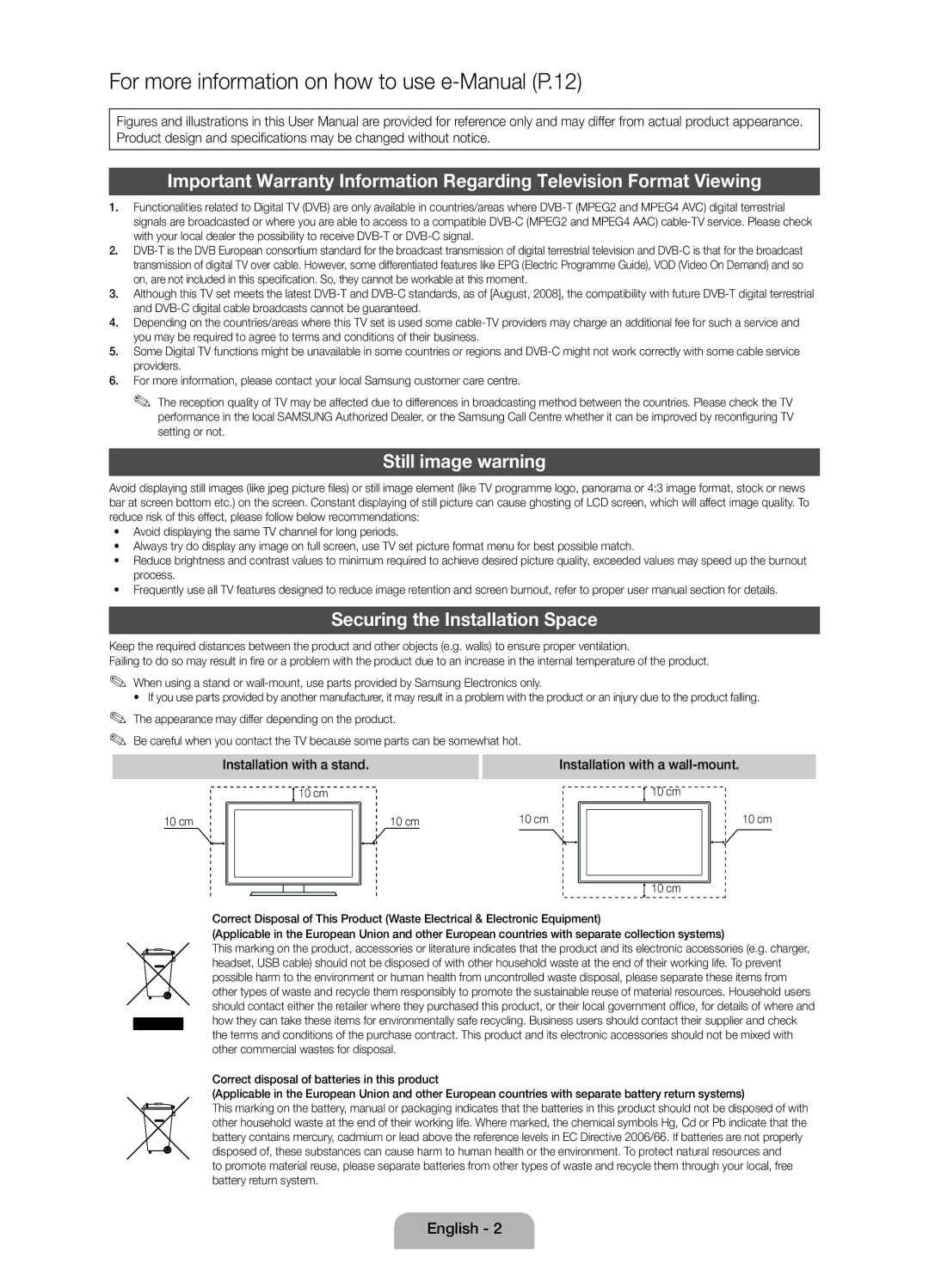 Samsung Series 5 user manual Still image warning, Securing the Installation Space 