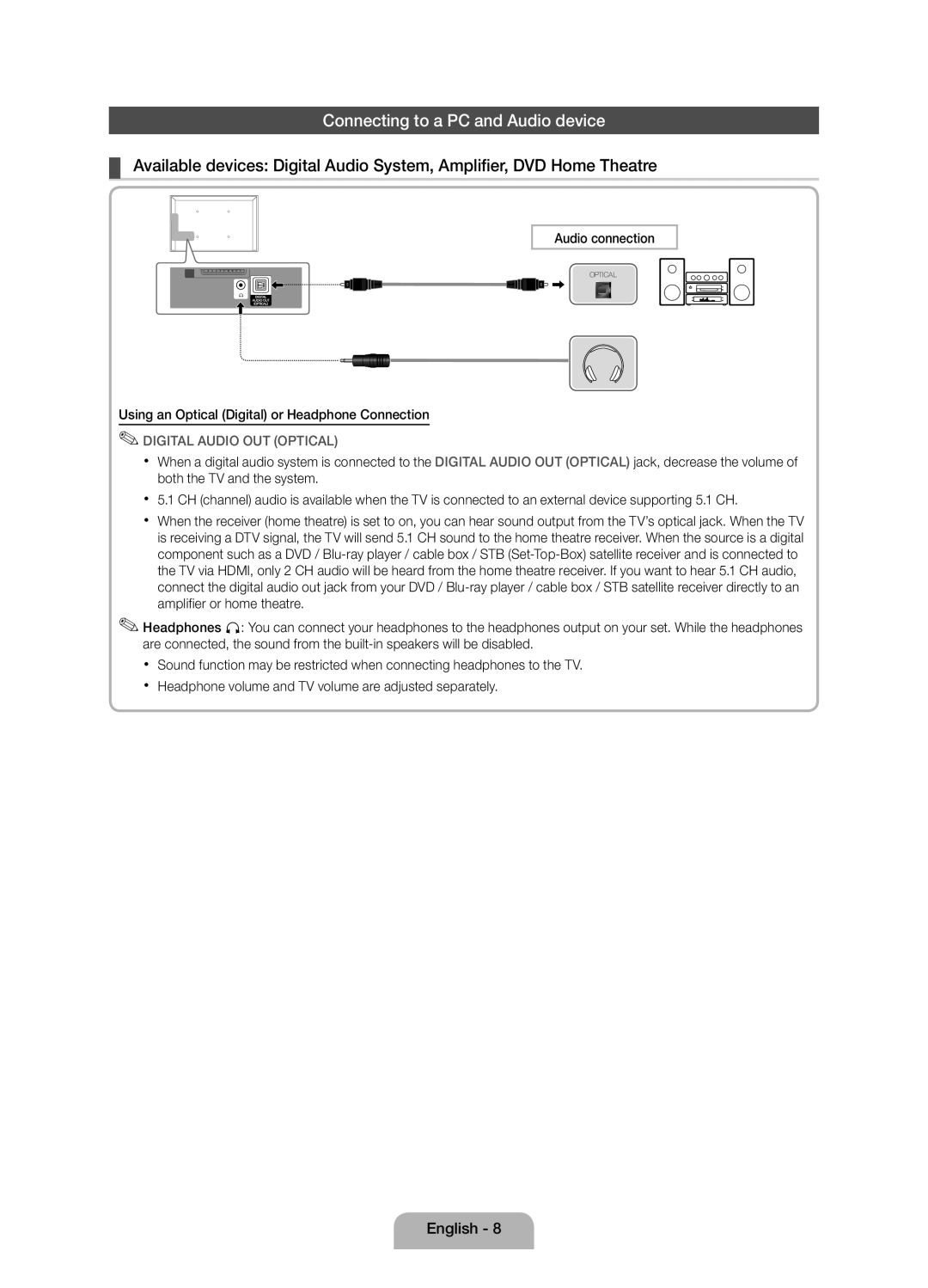 Samsung Series 5 user manual Audio connection, Using an Optical Digital or Headphone Connection 