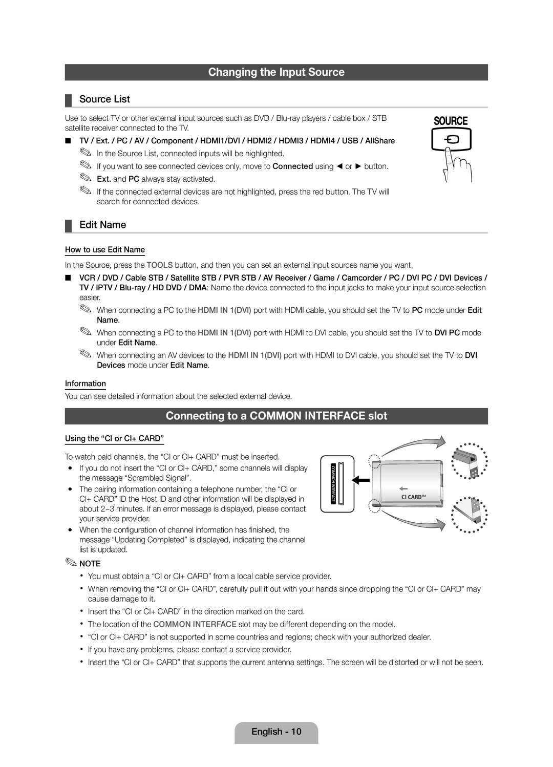 Samsung Series 5 user manual Changing the Input Source, Connecting to a COMMON INTERFACE slot, Source List, Edit Name 