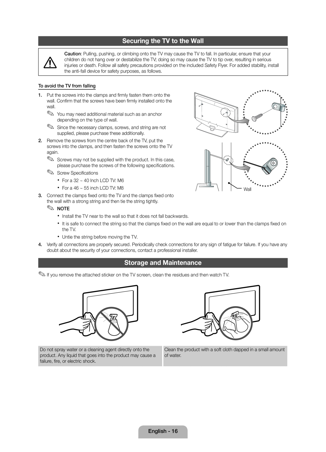 Samsung Series 5 user manual Securing the TV to the Wall, Storage and Maintenance 