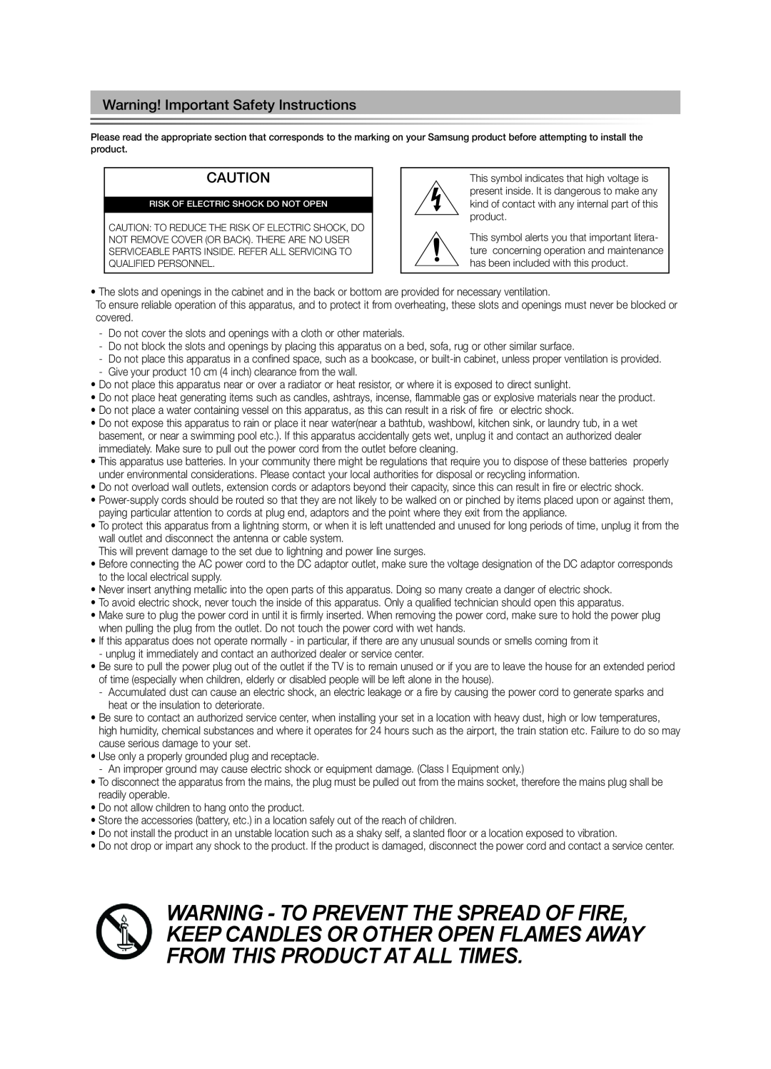 Samsung Series 5 user manual Warning! Important Safety Instructions 