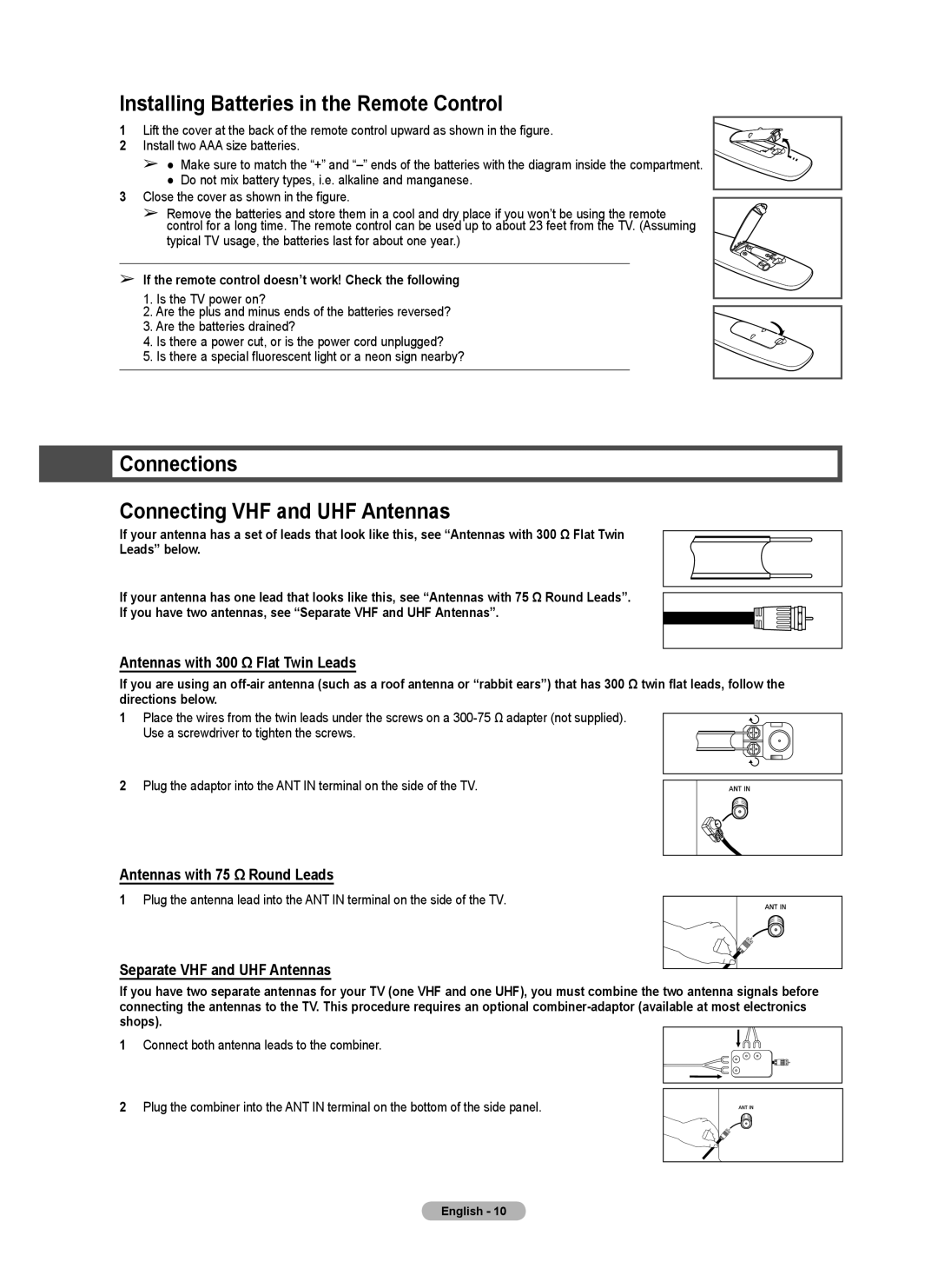 Samsung series 510 user manual Installing Batteries in the Remote Control, Connections Connecting VHF and UHF Antennas 