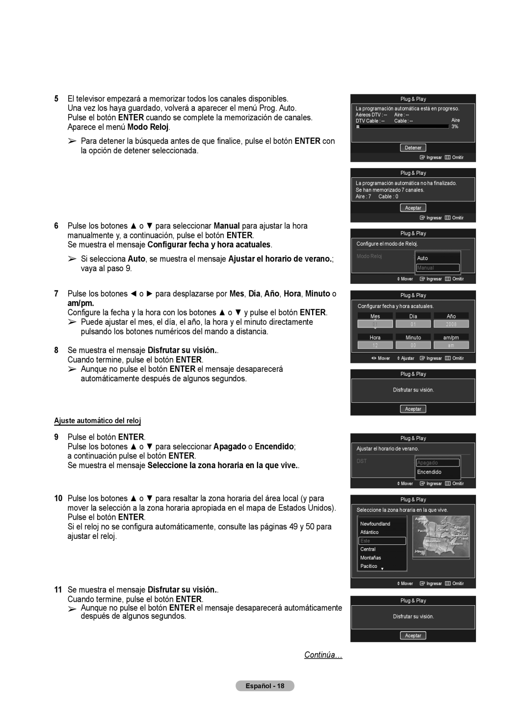 Samsung series 510 user manual Se muestra el mensaje Configurar fecha y hora acatuales, Ajuste automático del reloj 