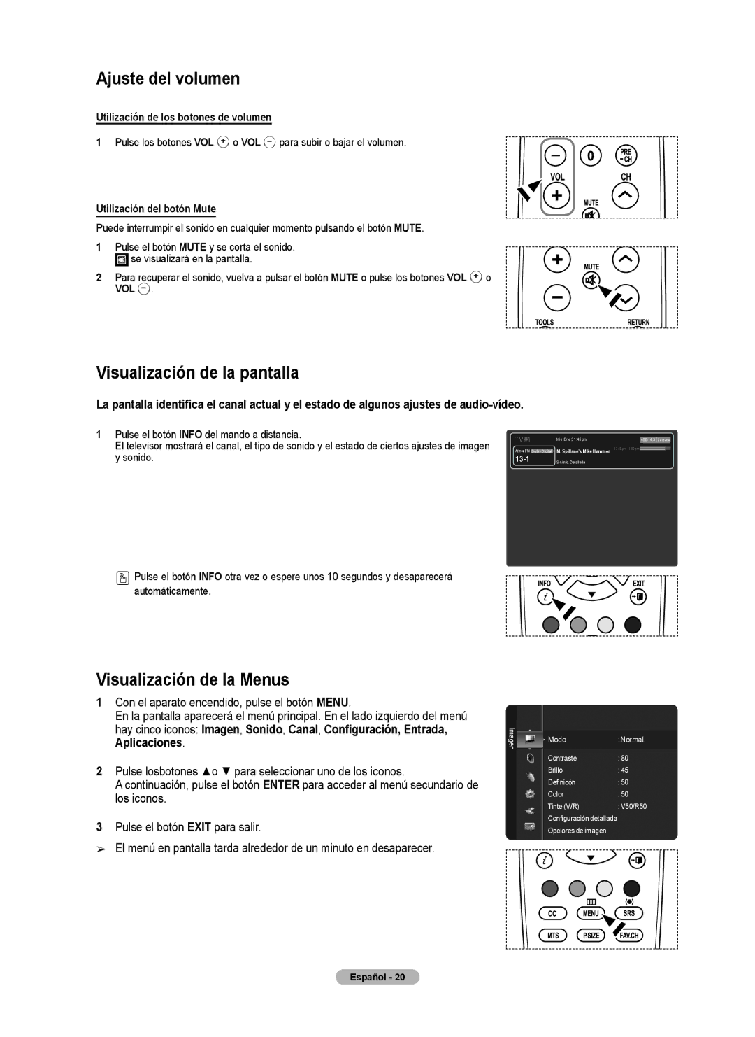 Samsung series 510 Ajuste del volumen, Visualización de la pantalla, Visualización de la Menus, Utilización del botón Mute 