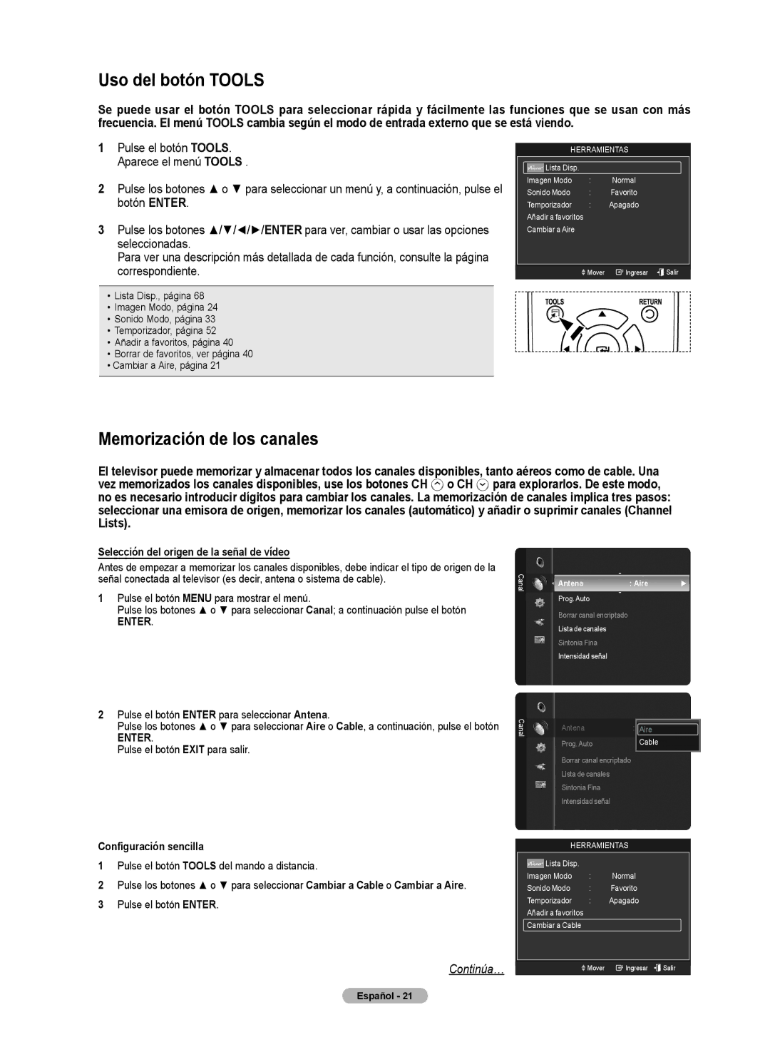 Samsung series 510 user manual Uso del botón Tools, Memorización de los canales, Selección del origen de la señal de vídeo 