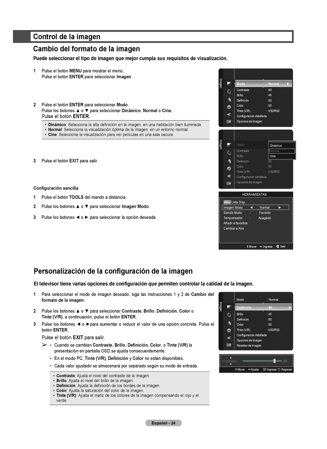 Samsung series 510 Control de la imagen Cambio del formato de la imagen, Personalización de la configuración de la imagen 