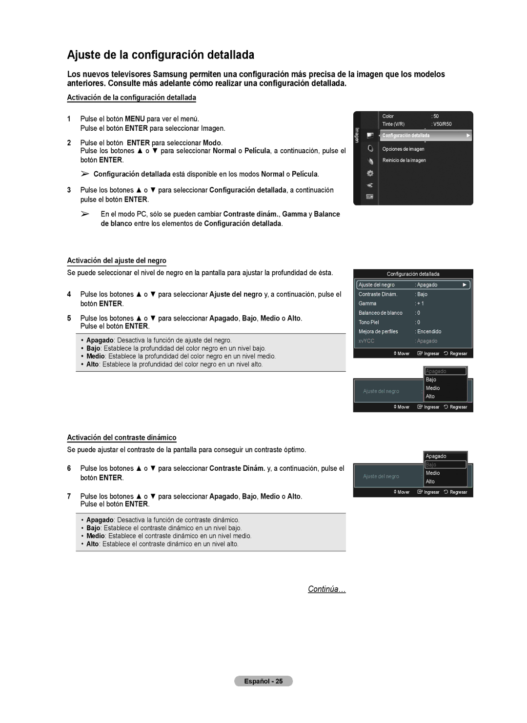 Samsung series 510 user manual Ajuste de la configuración detallada, Activación de la configuración detallada 