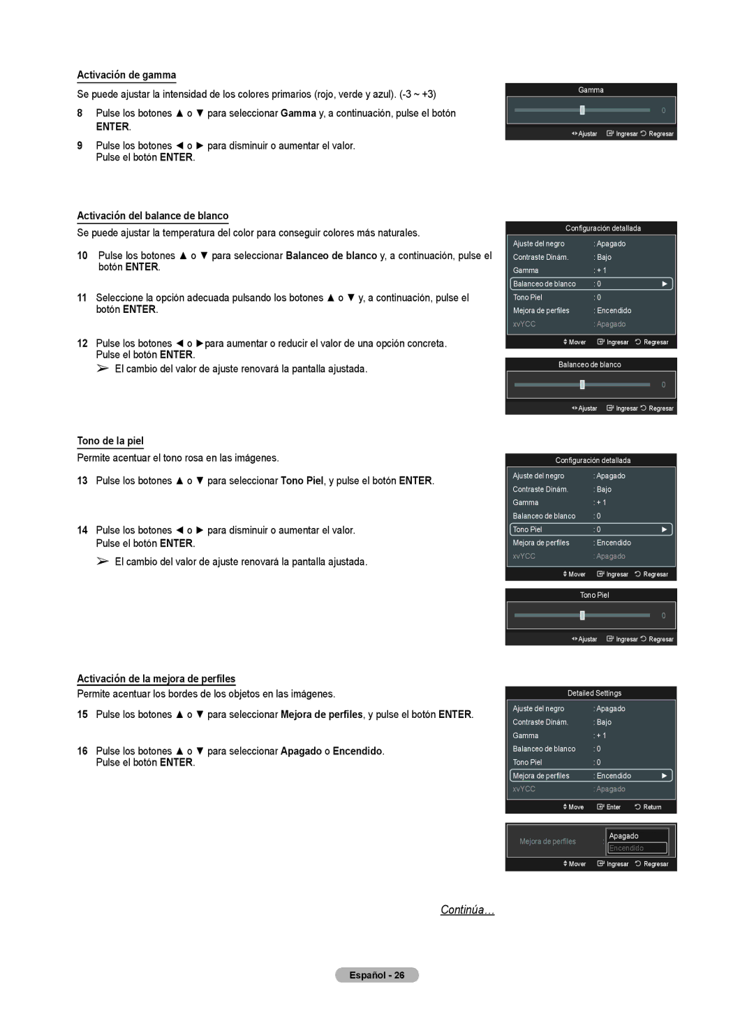 Samsung series 510 user manual Activación de gamma, Activación del balance de blanco, Tono de la piel 