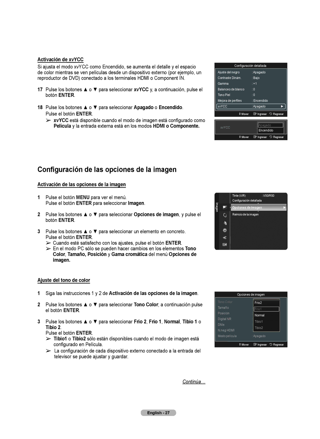 Samsung series 510 user manual Configuración de las opciones de la imagen, Activación de xvYCC, Ajuste del tono de color 