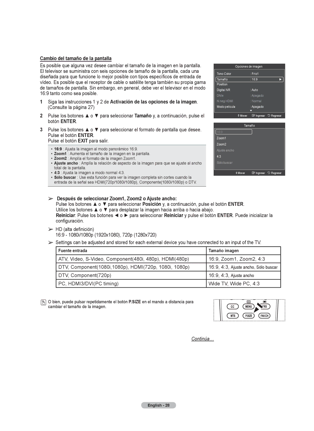 Samsung series 510 user manual Cambio del tamaño de la pantalla, Pulse el botón Enter Pulse el botón Exit para salir 