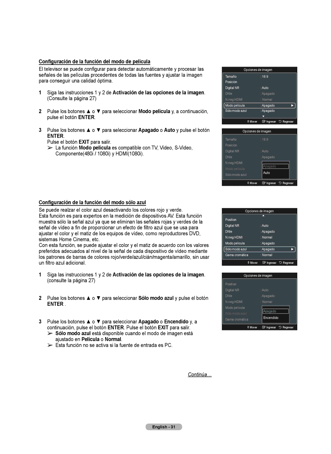 Samsung series 510 Configuración de la función del modo de película, Configuración de la función del modo sólo azul 