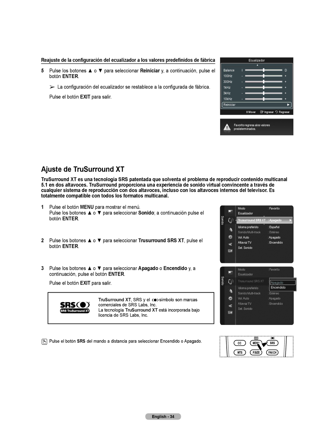 Samsung series 510 user manual Ajuste de TruSurround XT, Trusurround SRS XT Apagado 