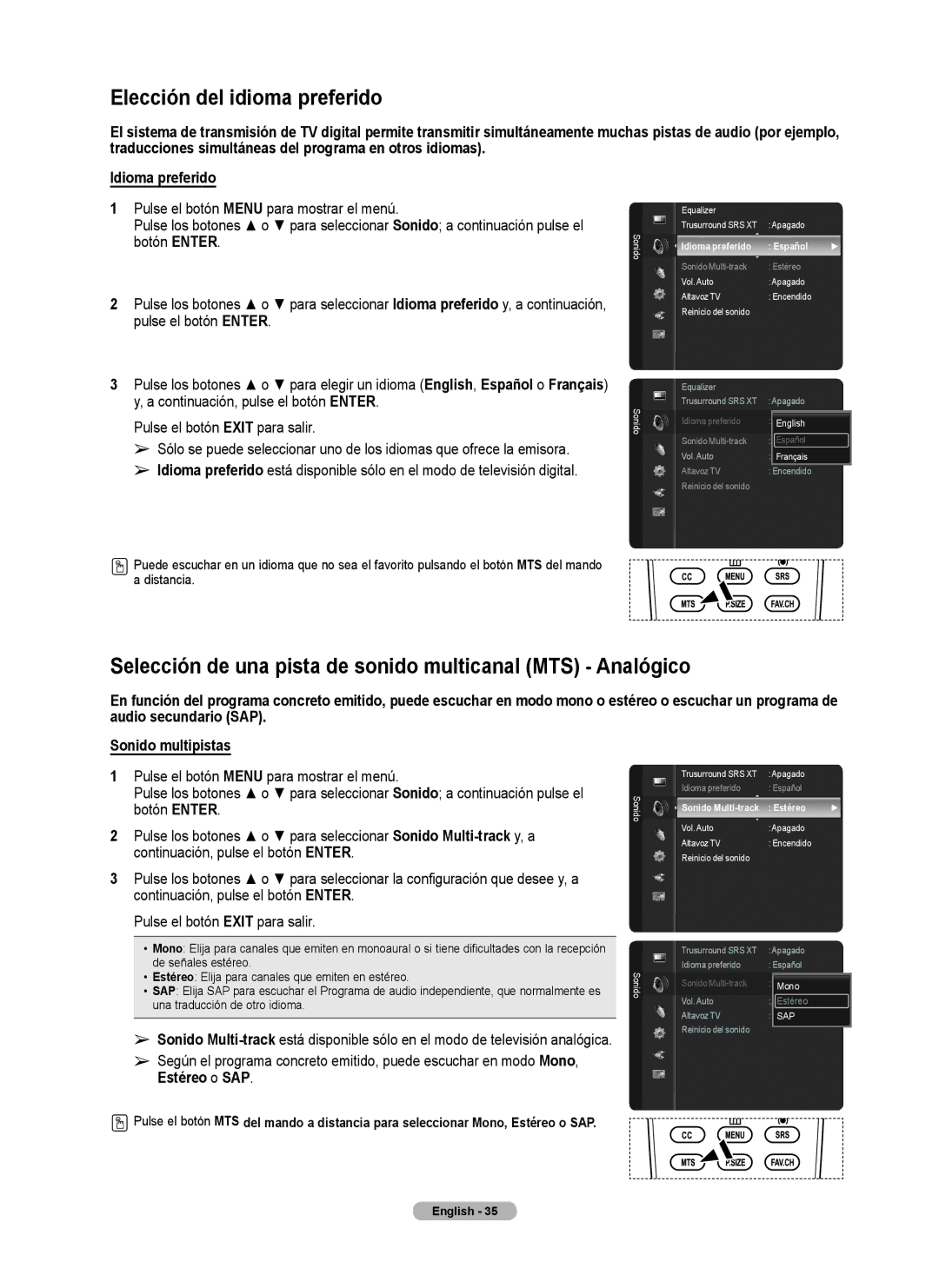 Samsung series 510 user manual Elección del idioma preferido, Selección de una pista de sonido multicanal MTS Analógico 