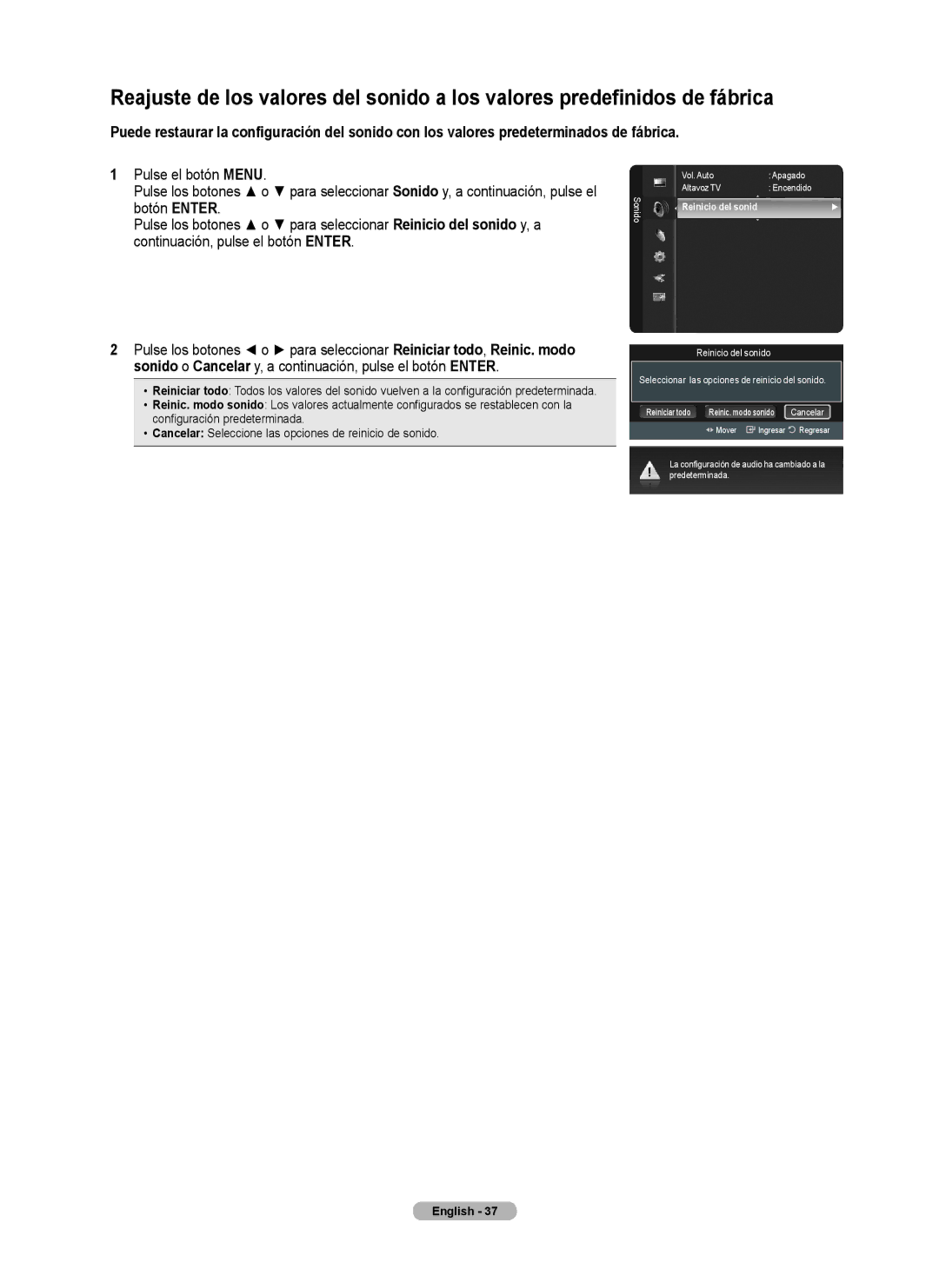 Samsung series 510 user manual Reinicio del sonid 