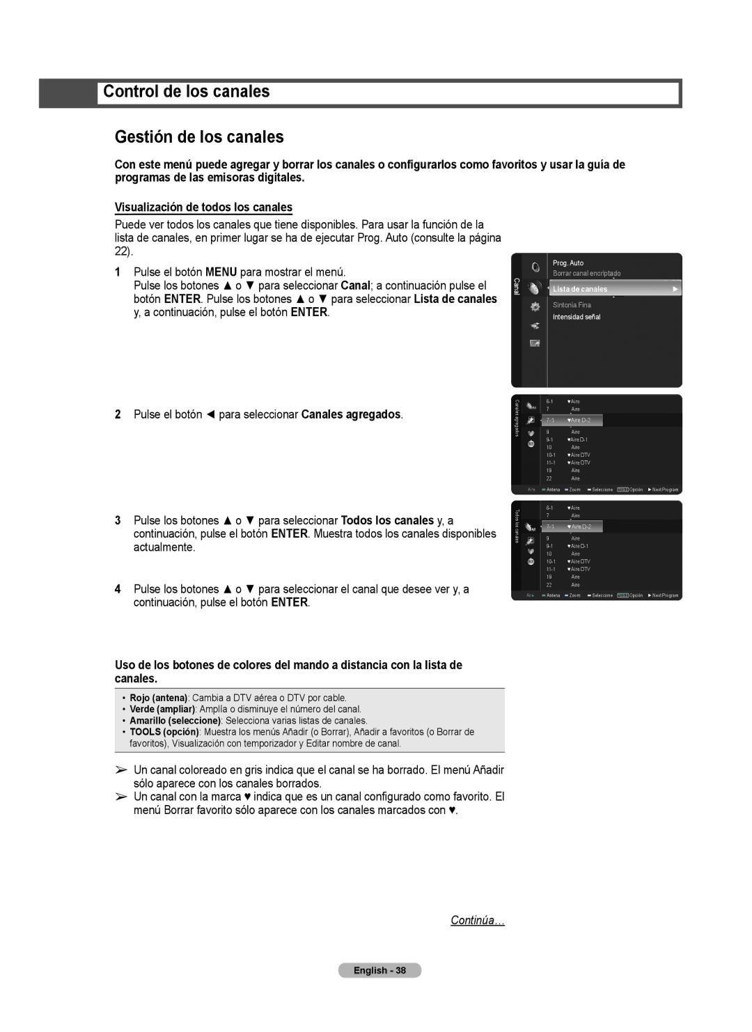 Samsung series 510 user manual Control de los canales Gestión de los canales, Lista de canales 