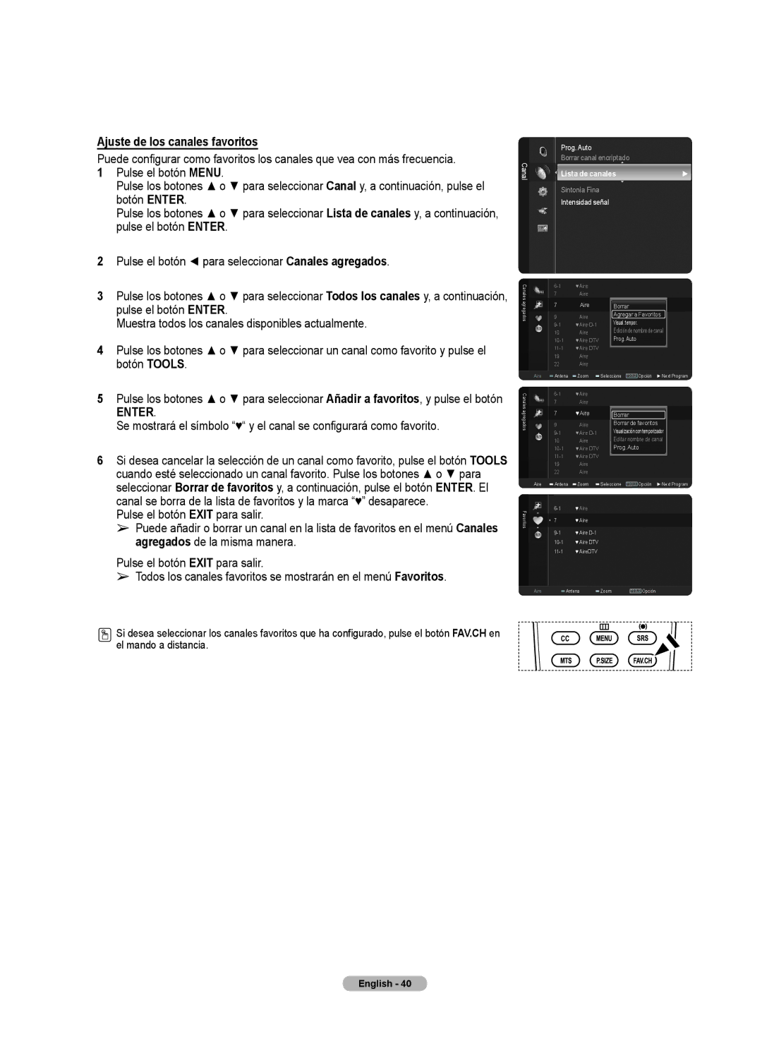 Samsung series 510 user manual Ajuste de los canales favoritos 