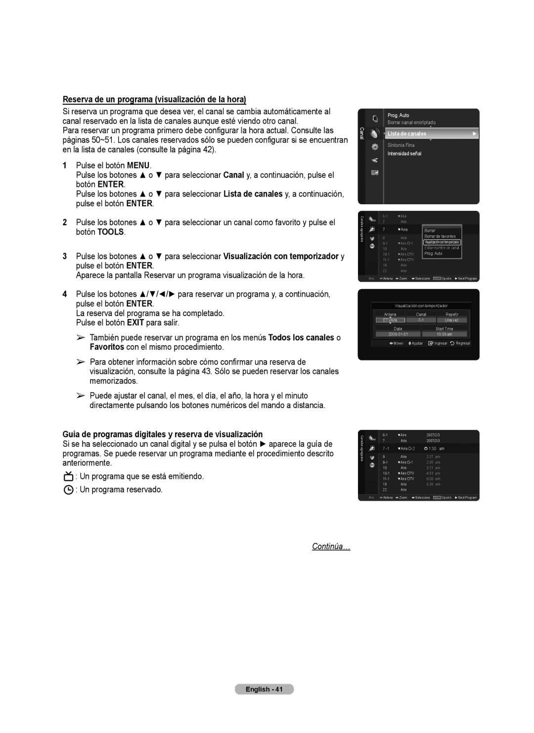 Samsung series 510 Reserva de un programa visualización de la hora, Guía de programas digitales y reserva de visualización 