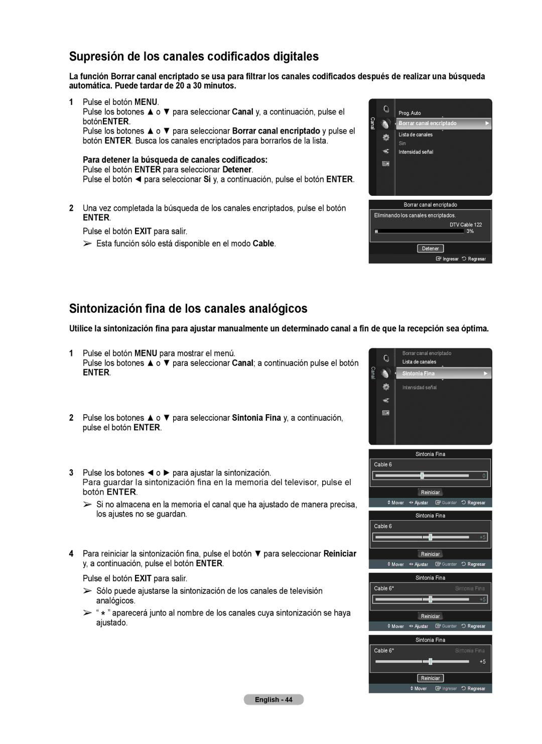 Samsung series 510 user manual Supresión de los canales codificados digitales, Sintonización fina de los canales analógicos 