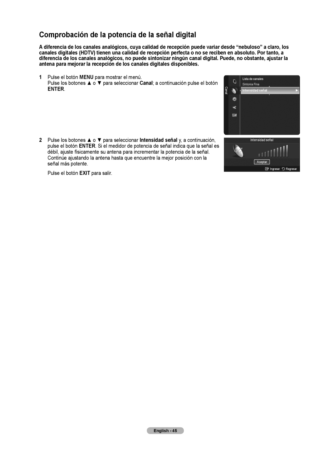 Samsung series 510 user manual Comprobación de la potencia de la señal digital, Intensidad señal 