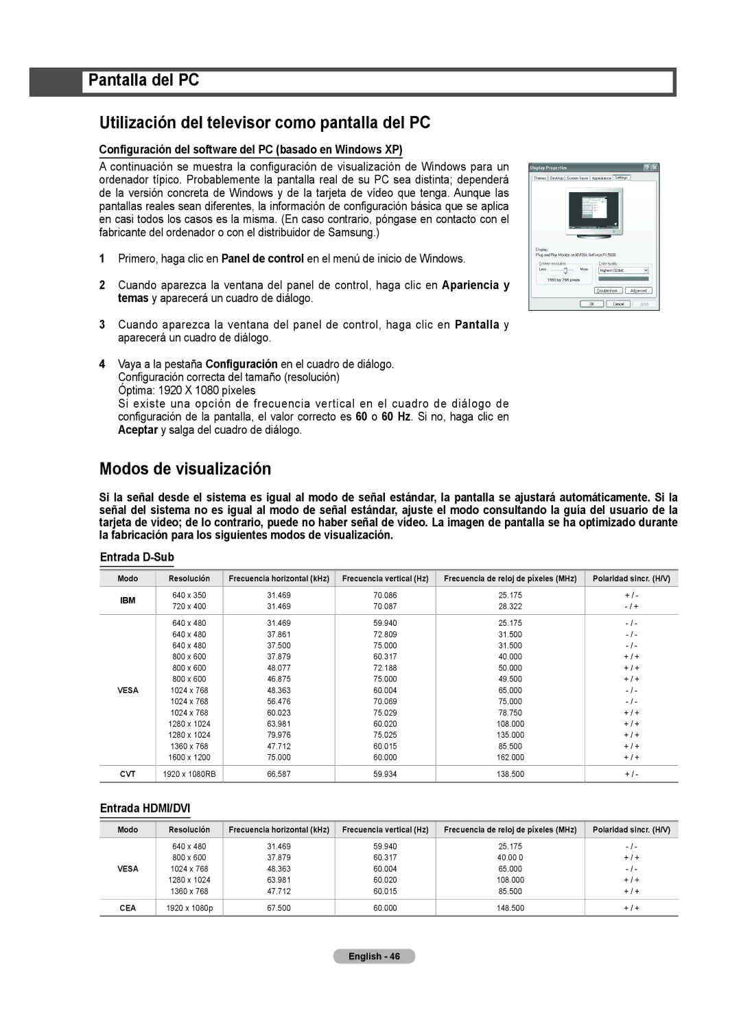 Samsung series 510 Modos de visualización, Configuración del software del PC basado en Windows XP, Entrada HDMI/DVI 