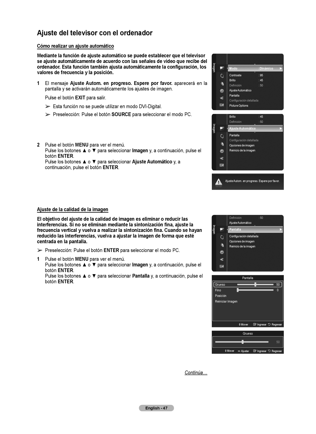 Samsung series 510 Ajuste del televisor con el ordenador, Cómo realizar un ajuste automático, Modo Dinámico, Pantalla 