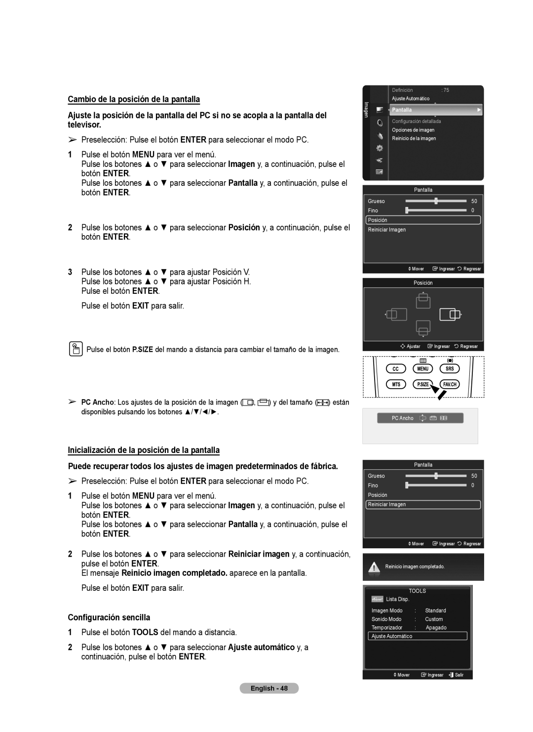 Samsung series 510 user manual Inicialización de la posición de la pantalla, PC Ancho 