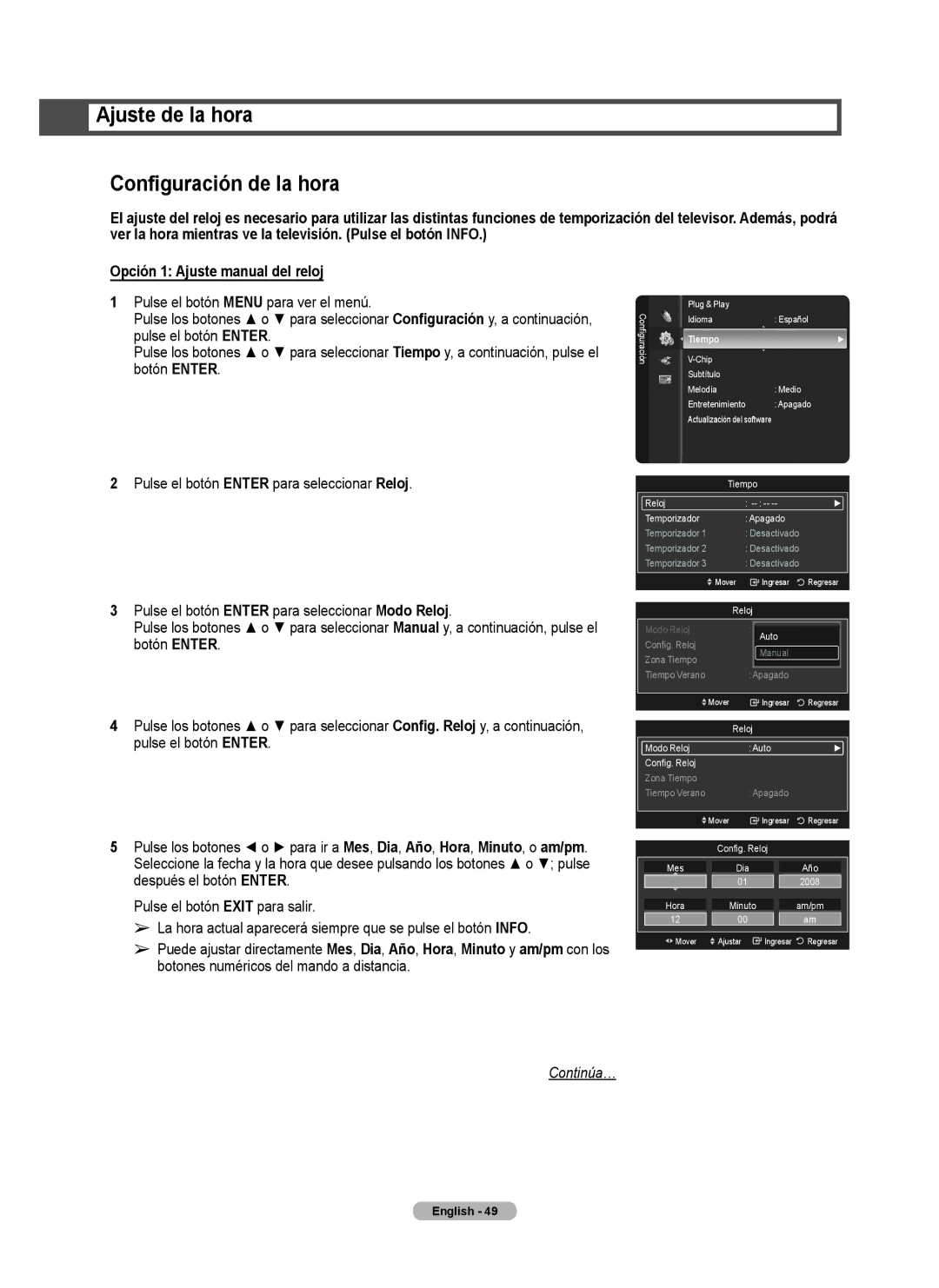 Samsung series 510 user manual Ajuste de la hora Configuración de la hora, Tiempo 