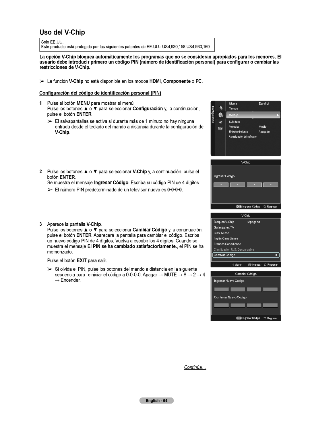 Samsung series 510 Uso del V-Chip, Configuración del código de identificación personal PIN, Aparece la pantalla V-Chip 