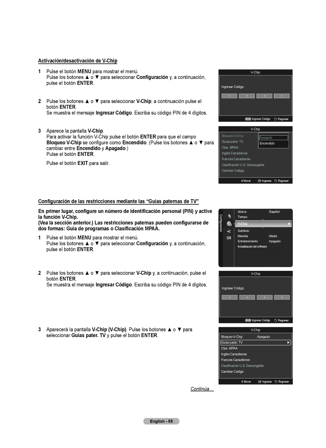 Samsung series 510 user manual Activación/desactivación de V-Chip 