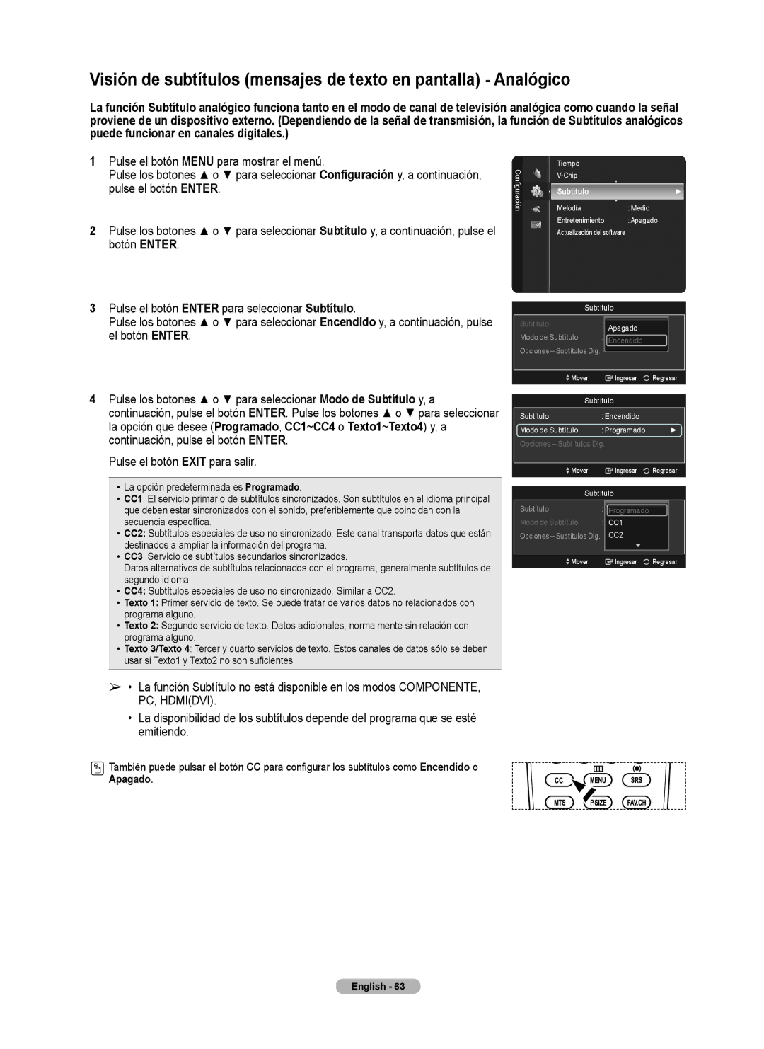 Samsung series 510 user manual Visión de subtítulos mensajes de texto en pantalla Analógico, Apagado 