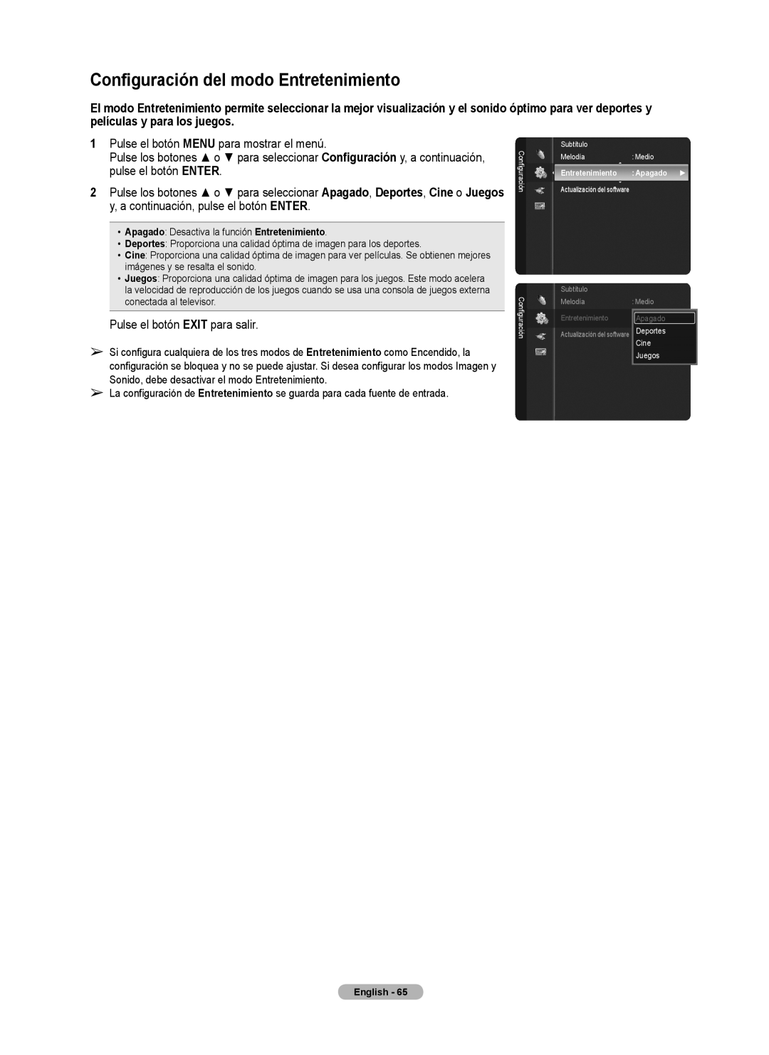 Samsung series 510 user manual Configuración del modo Entretenimiento, Entretenimiento Apagado 