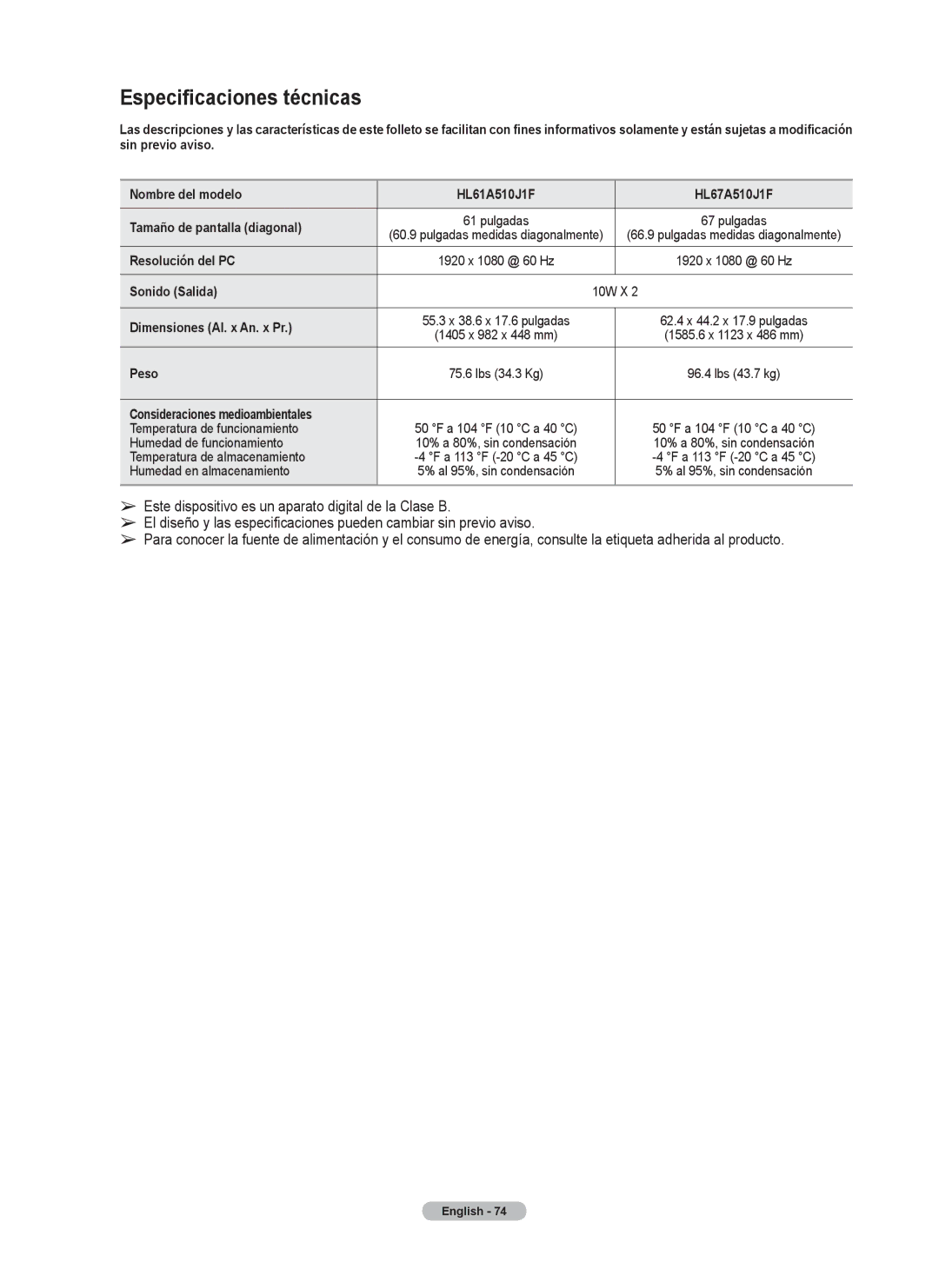 Samsung series 510 Especificaciones técnicas, Resolución del PC, Sonido Salida, Dimensiones Al. x An. x Pr, Peso 