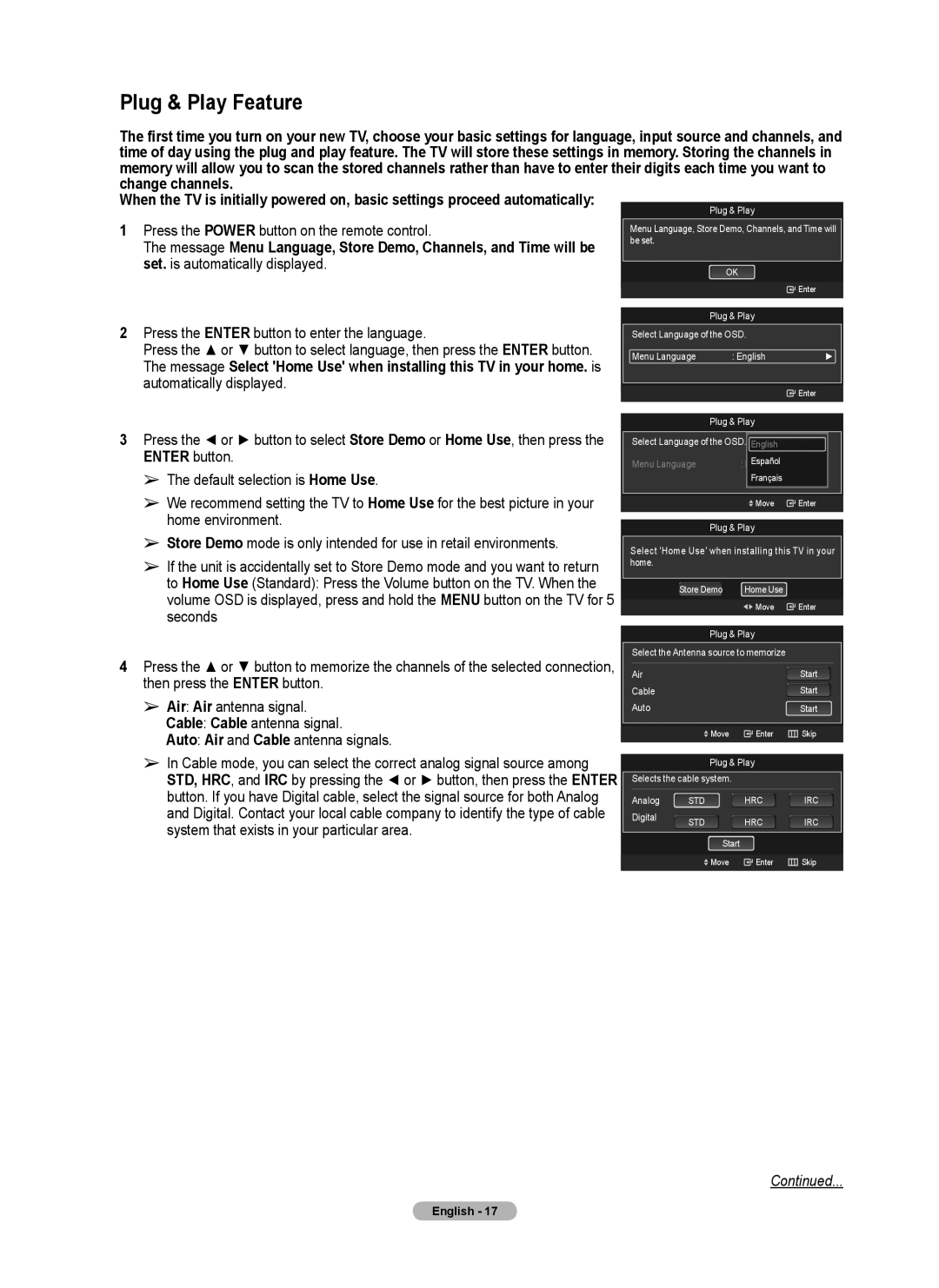 Samsung series 510 user manual Plug & Play Feature, Change channels, Press the Power button on the remote control 