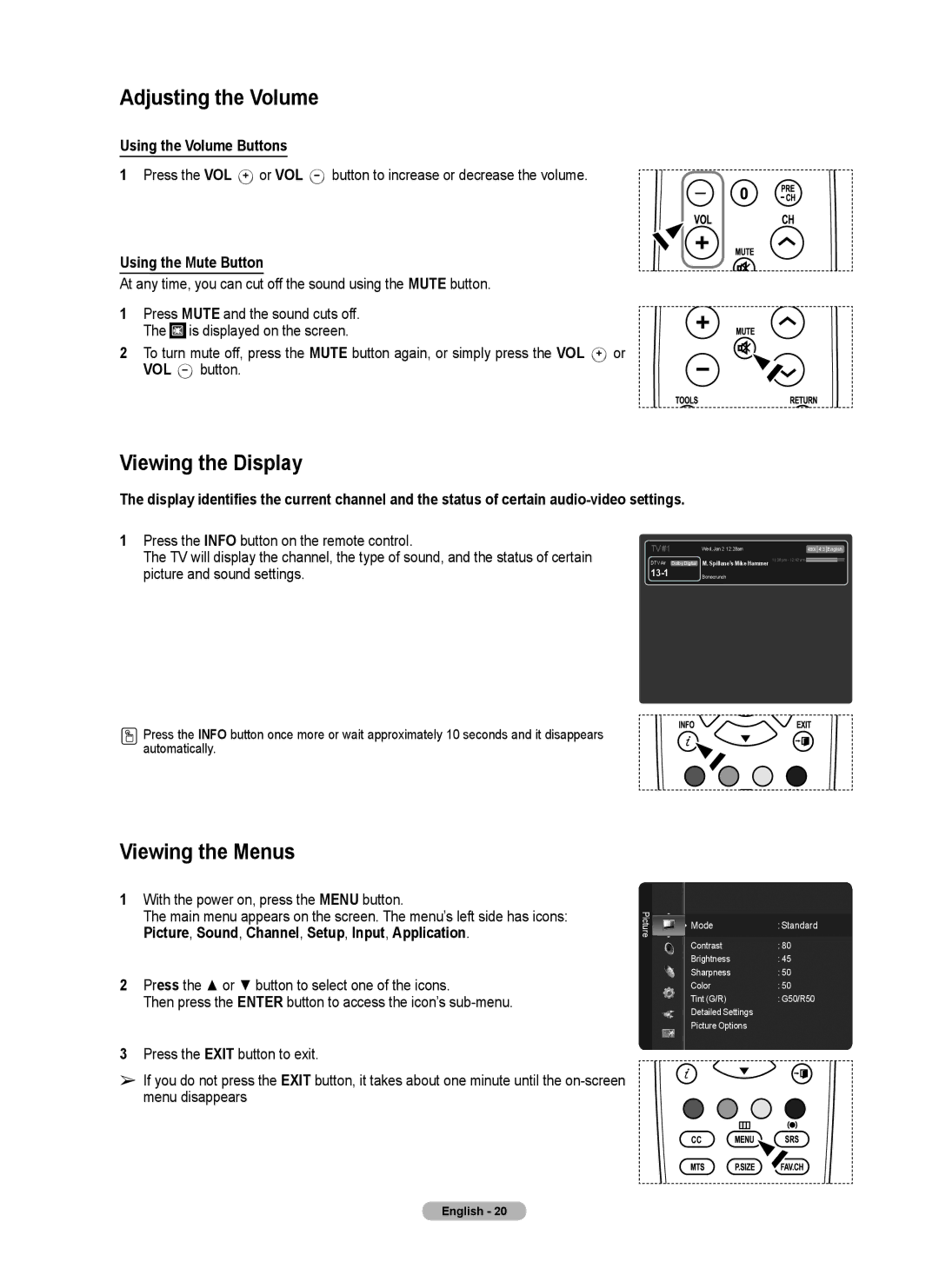 Samsung series 510 user manual Adjusting the Volume, Viewing the Display, Viewing the Menus, Using the Volume Buttons 