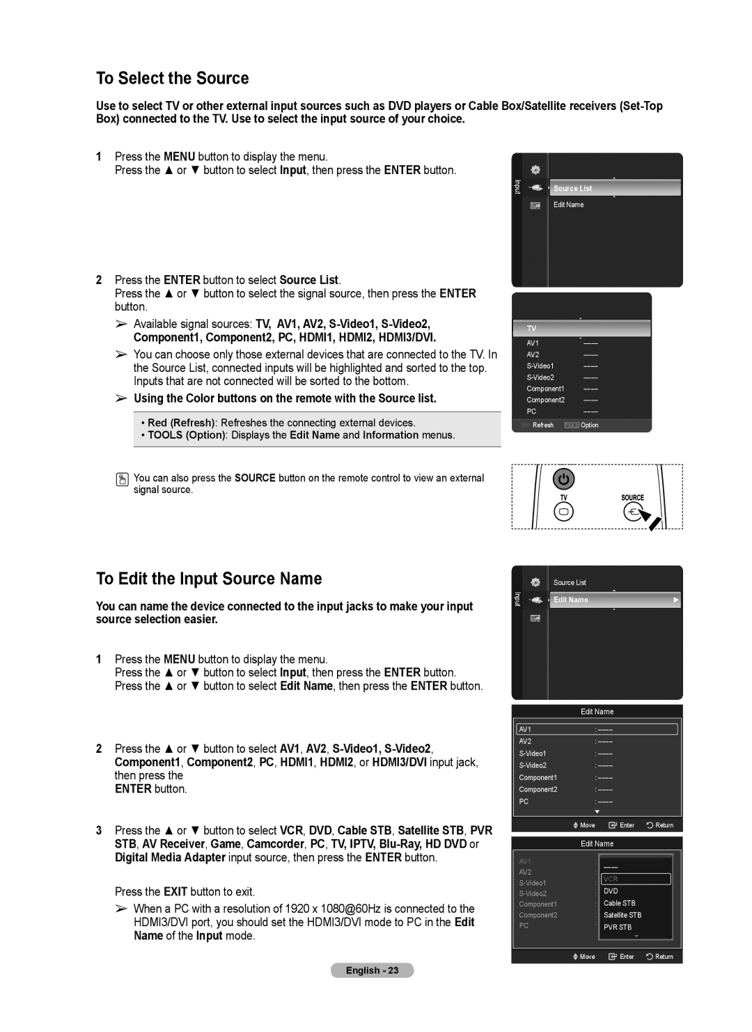 Samsung series 510 user manual To Select the Source, To Edit the Input Source Name 