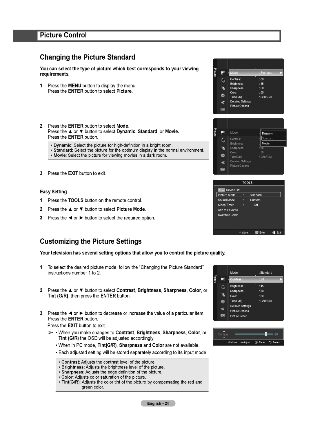 Samsung series 510 user manual Picture Control Changing the Picture Standard, Customizing the Picture Settings 