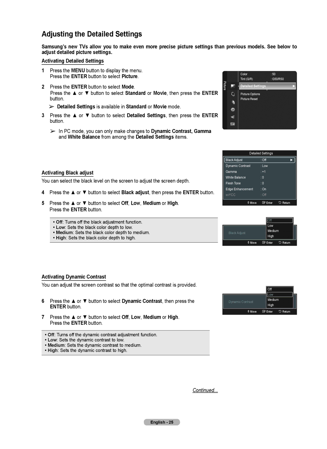 Samsung series 510 user manual Adjusting the Detailed Settings, Detailed Settings is available in Standard or Movie mode 