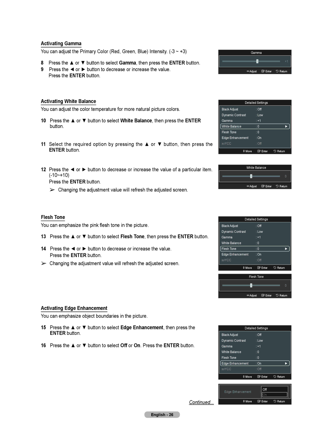 Samsung series 510 user manual Activating Gamma, Activating White Balance, Flesh Tone, Activating Edge Enhancement 