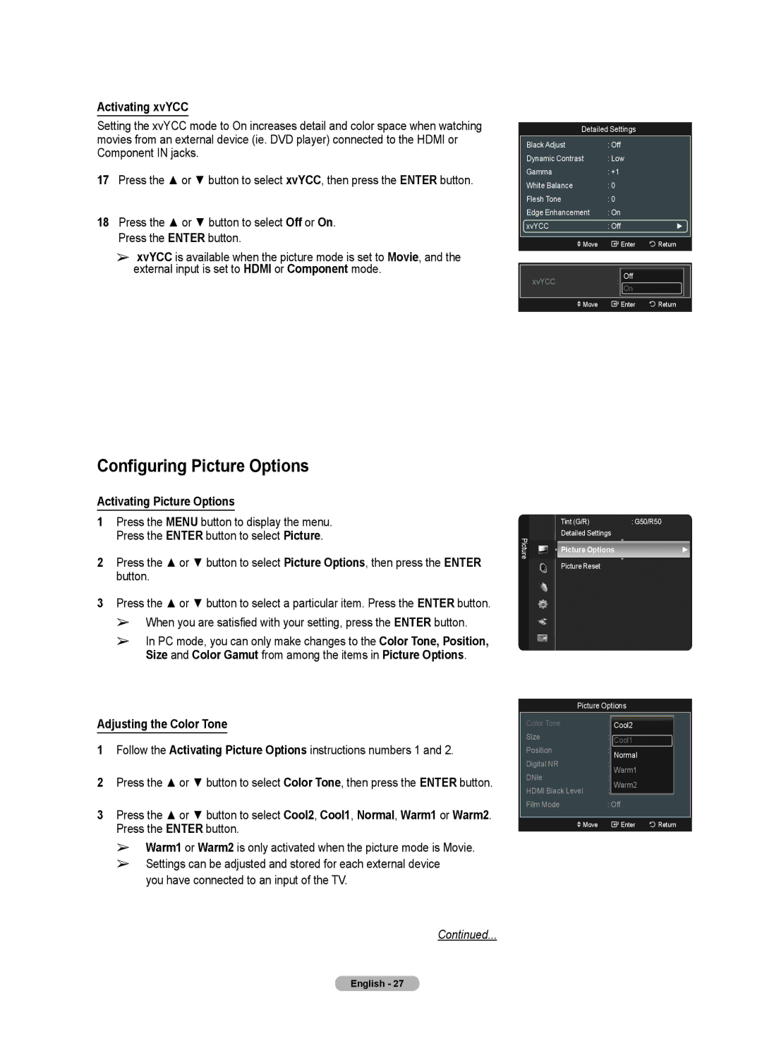 Samsung series 510 Configuring Picture Options, Activating xvYCC, Activating Picture Options, Adjusting the Color Tone 