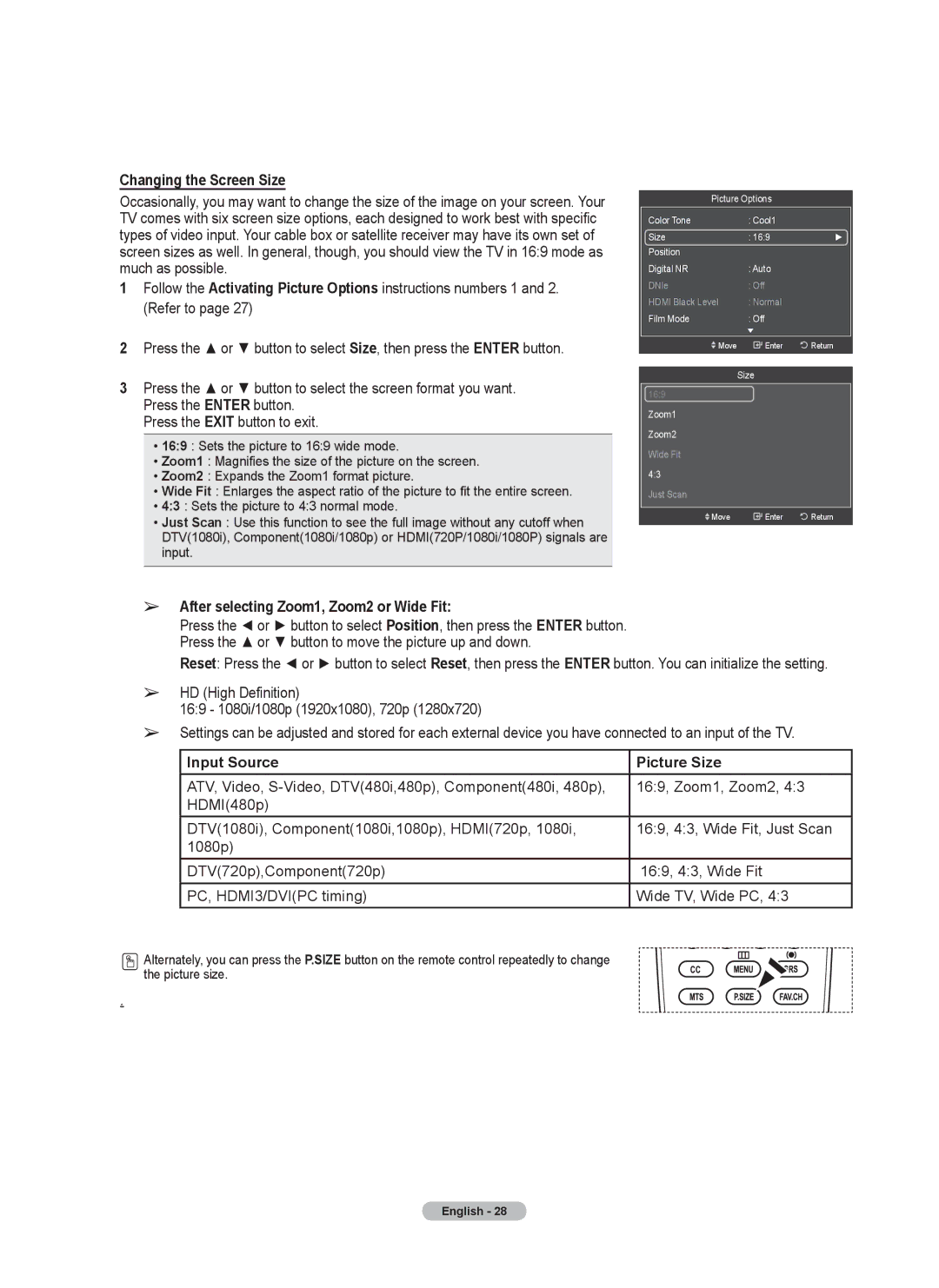 Samsung series 510 Changing the Screen Size, After selecting Zoom1, Zoom2 or Wide Fit, Input Source Picture Size 