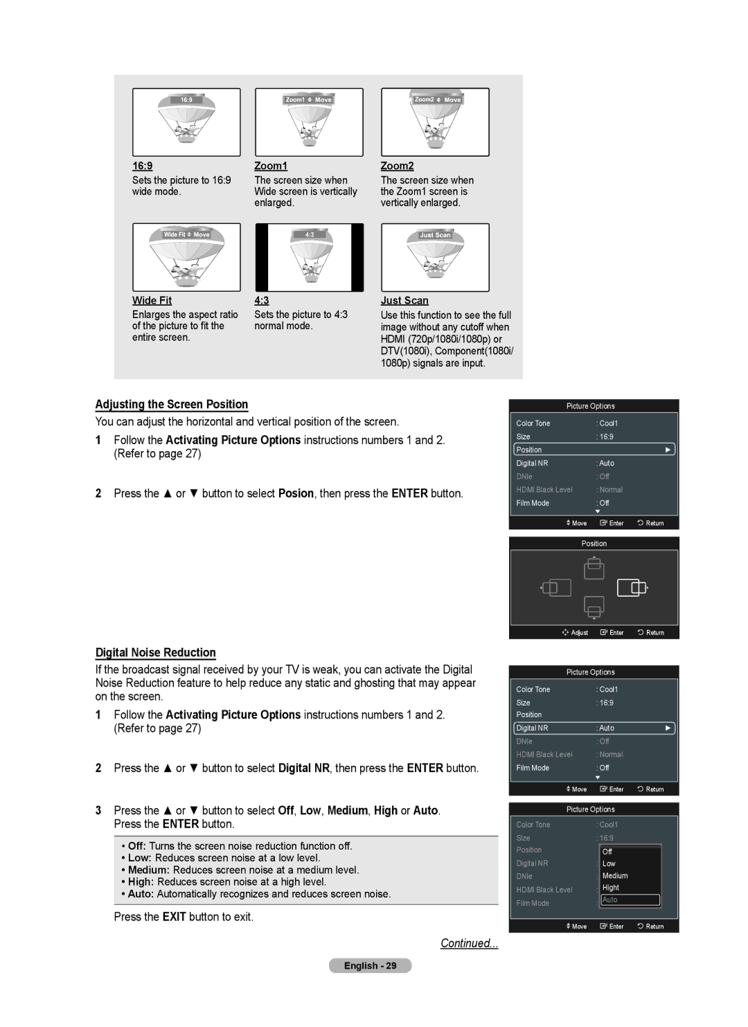 Samsung series 510 user manual Adjusting the Screen Position, Digital Noise Reduction 