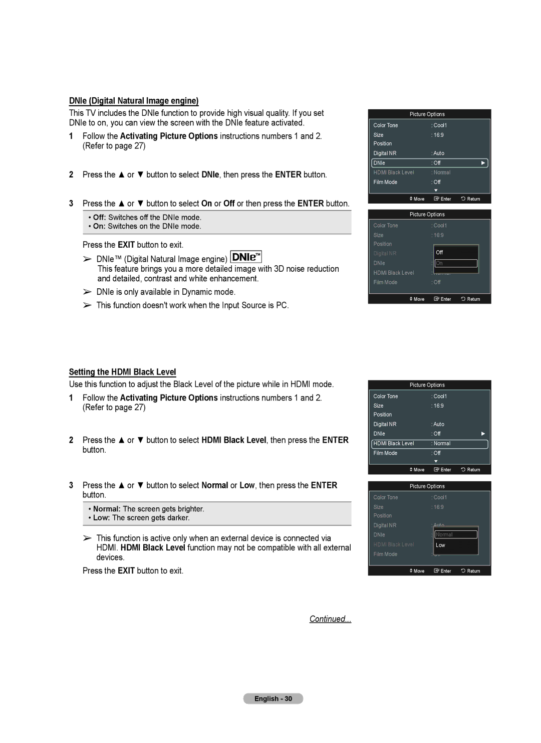 Samsung series 510 user manual DNIe Digital Natural Image engine, Setting the Hdmi Black Level 